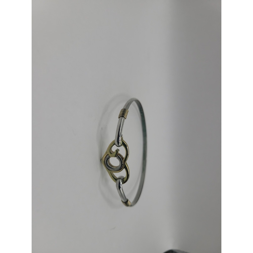 Two-Tone Heart Bangle Bracelet Gold Silver Tone Open‎ Hook Clasp Minimalist
